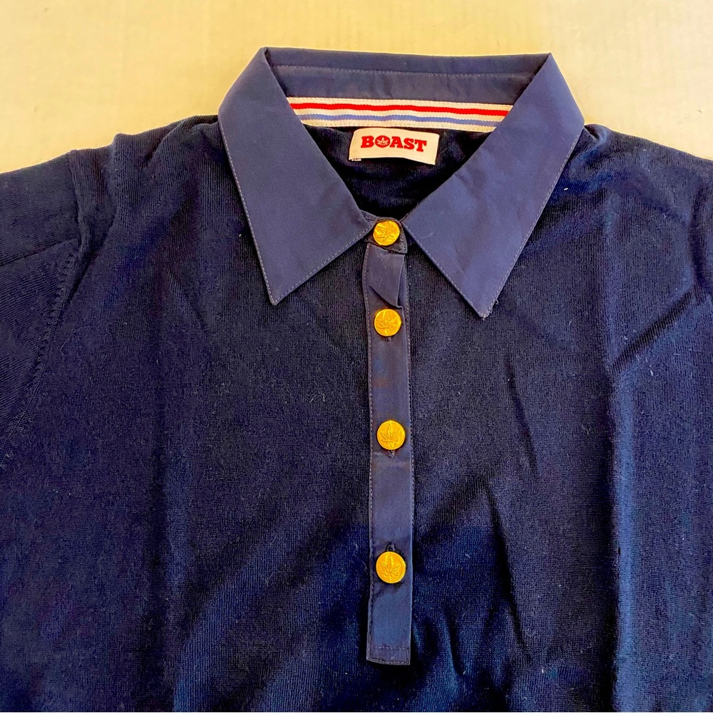 Boast navy blue long sleeve 3 button sweater red elbow patches cotton collar M - Picture 2 of 7